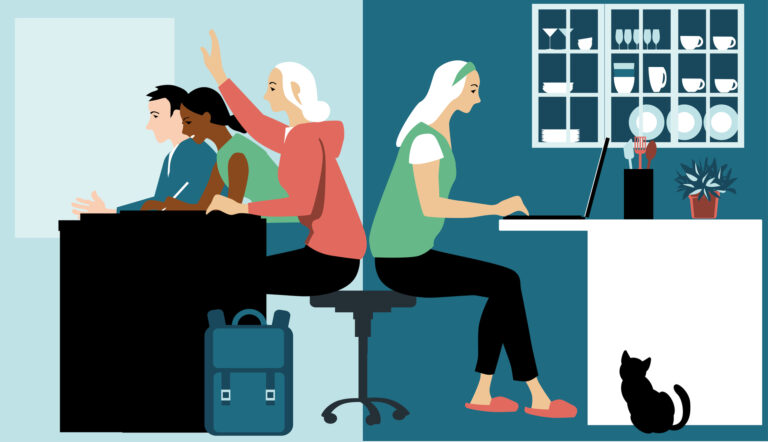 Young adults participating in hybrid learning, sharing their time between in-person classes and studying online from home, EPS 8 vector illustration